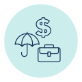 Icon showing building with umbrella, bag and a dollar sign over top of it.