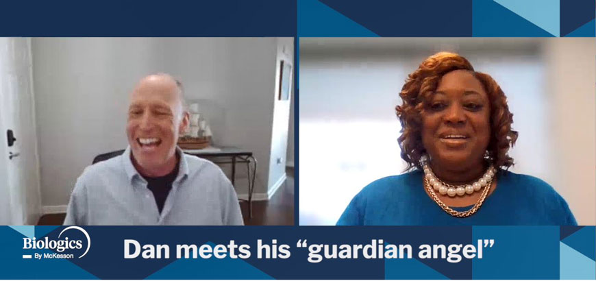 Screenshot from a zoom meeting where Dan met his 'guardian angel'. We see two people on screen, side by side.