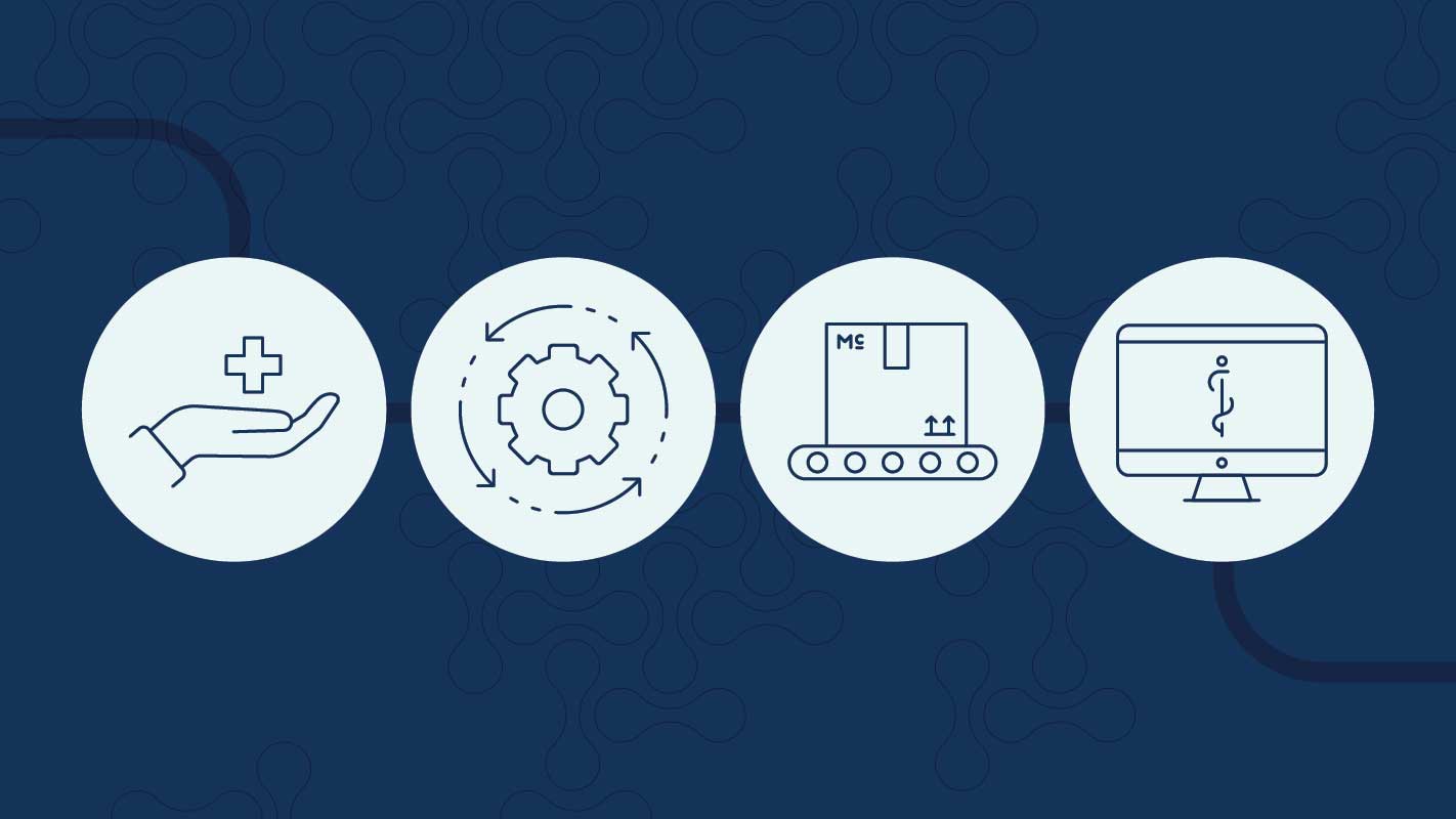 Graphic with 4 icons on a blue background