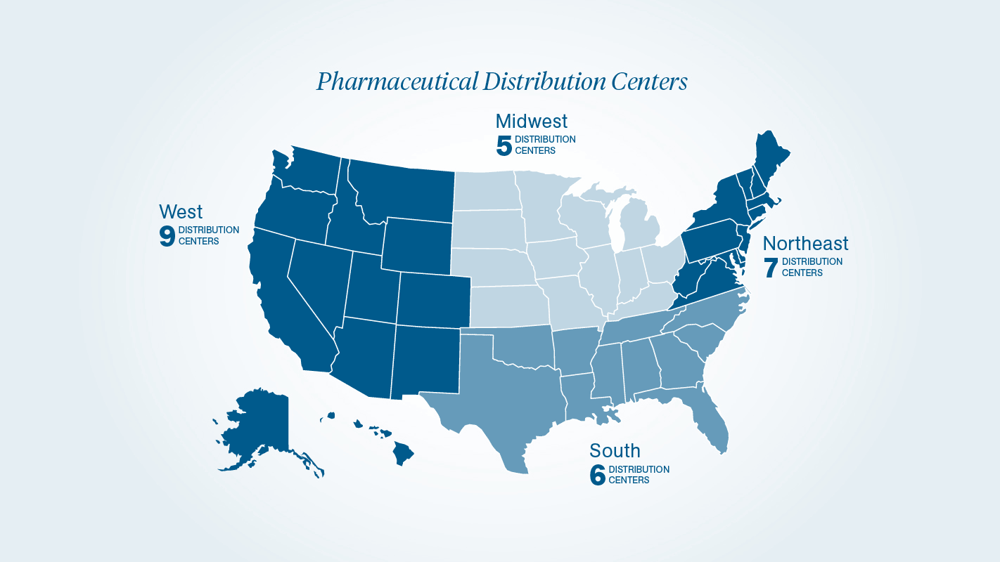 Map of pharmaceutical distribution centers around the USA<br>  