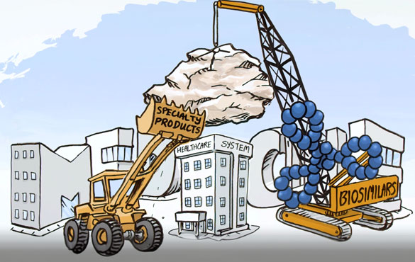 A cartoon drawing showing buildings in the shapes of letters spelling &quot;Medical&quot; and two excavators called &quot;Specialty Products&quot; and &quot;Biosimilars&quot; taking them down.
