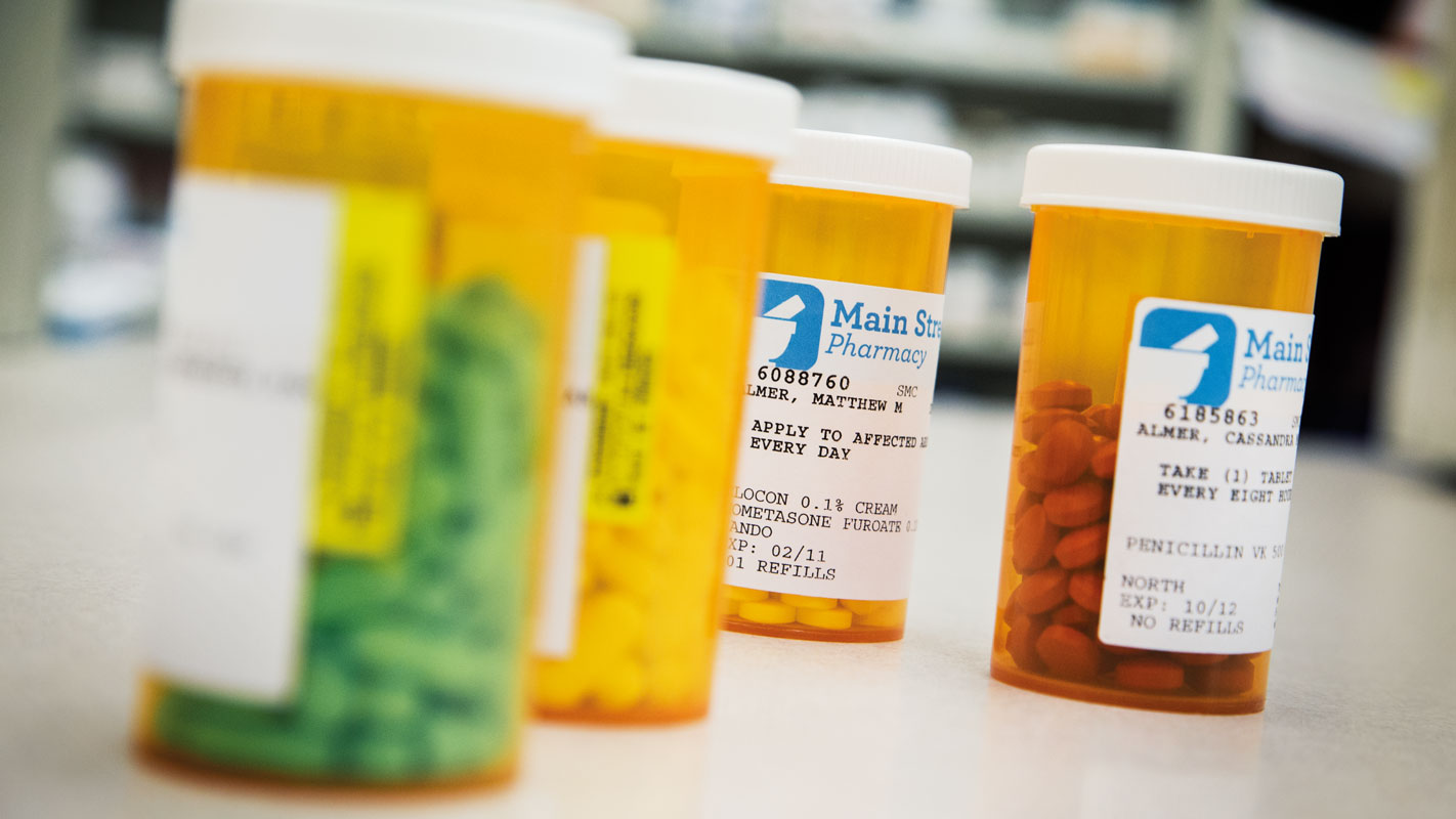 Closeup of a group of prescription pill bottles