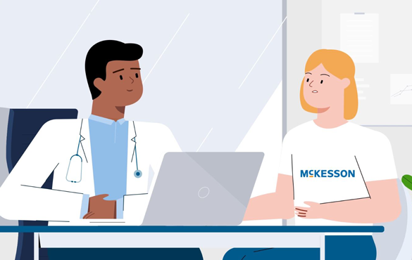 A drawing of a doctor and a patient sitting at a table talking over a computer