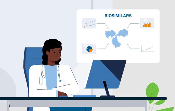 A drawing of a doctor looking at a computer screen that shows Biosimilars products