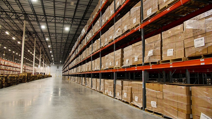 Interior of Louisville warehouse showing boxes of vaccines on shelves