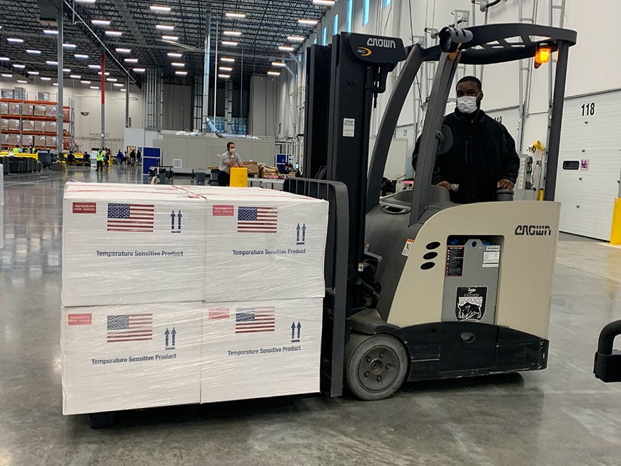 Employee in Mexico driving forklift